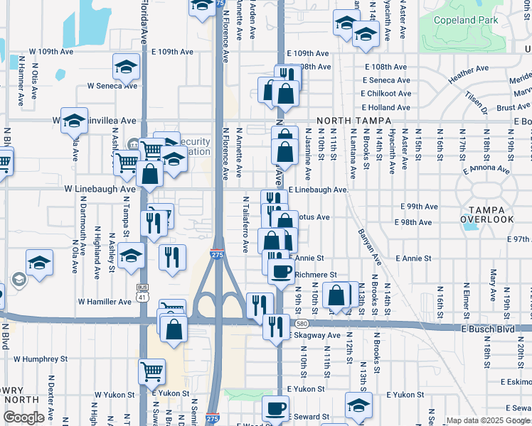 map of restaurants, bars, coffee shops, grocery stores, and more near 814 East Castle North Court in Tampa