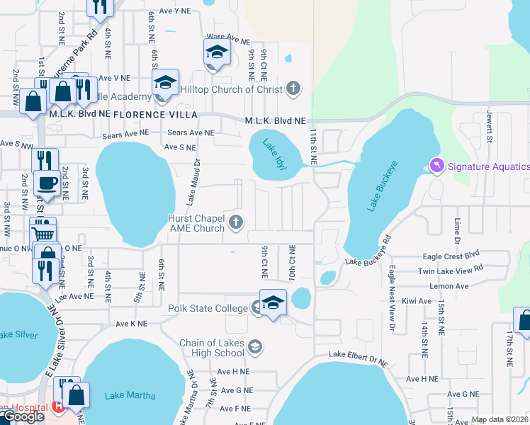 map of restaurants, bars, coffee shops, grocery stores, and more near 907 Avenue O Northeast in Winter Haven