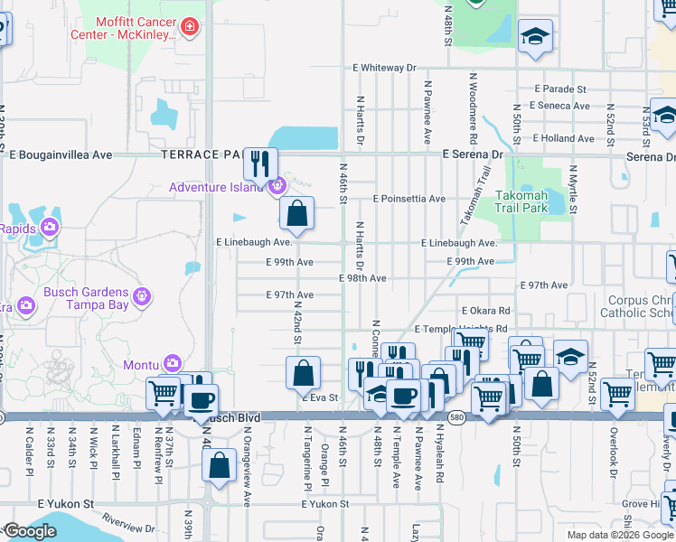 map of restaurants, bars, coffee shops, grocery stores, and more near 9706 North 46th Street in Tampa
