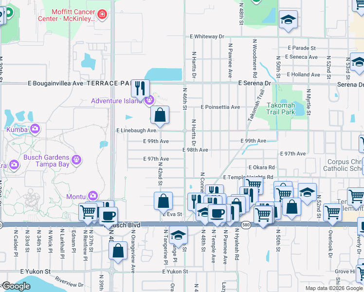 map of restaurants, bars, coffee shops, grocery stores, and more near 9706 North 46th Street in Tampa