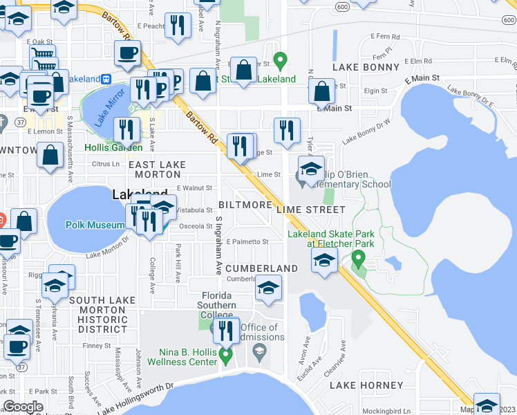 map of restaurants, bars, coffee shops, grocery stores, and more near 522 Francis Boulevard in Lakeland