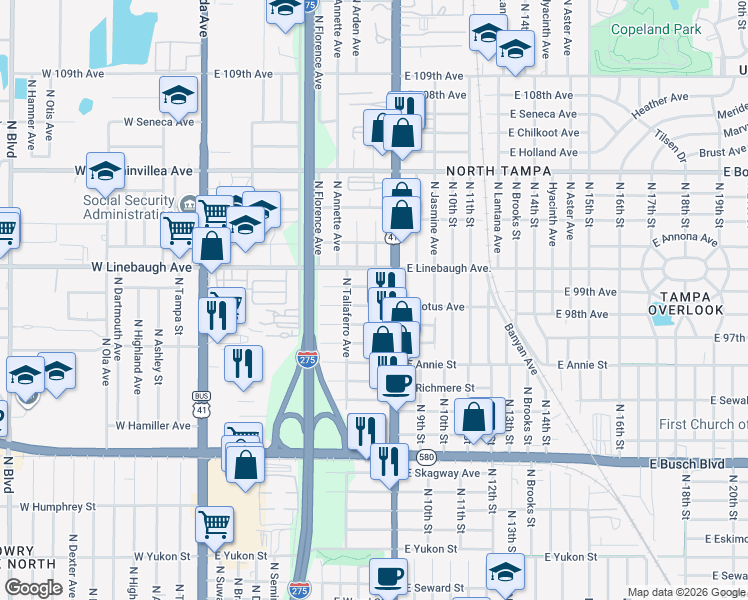 map of restaurants, bars, coffee shops, grocery stores, and more near 812 East Lotus Avenue in Tampa