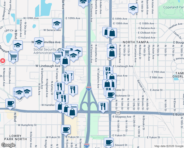 map of restaurants, bars, coffee shops, grocery stores, and more near 702 East Lotus Avenue in Tampa