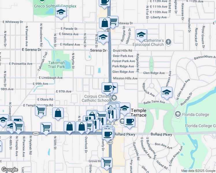 map of restaurants, bars, coffee shops, grocery stores, and more near 9800 North 56th Street in Tampa