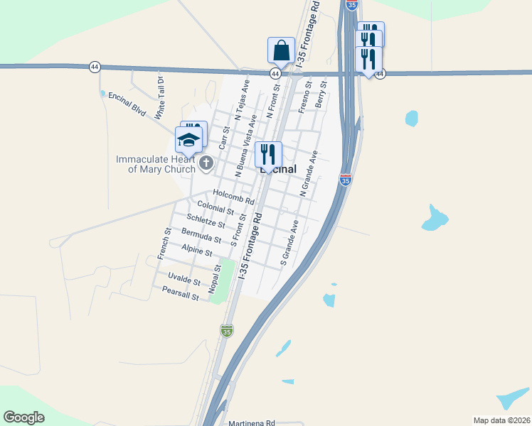 map of restaurants, bars, coffee shops, grocery stores, and more near 100 North Main Street in Encinal