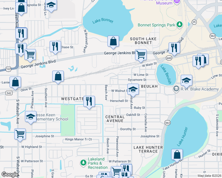 map of restaurants, bars, coffee shops, grocery stores, and more near 1333 Olive Street in Lakeland