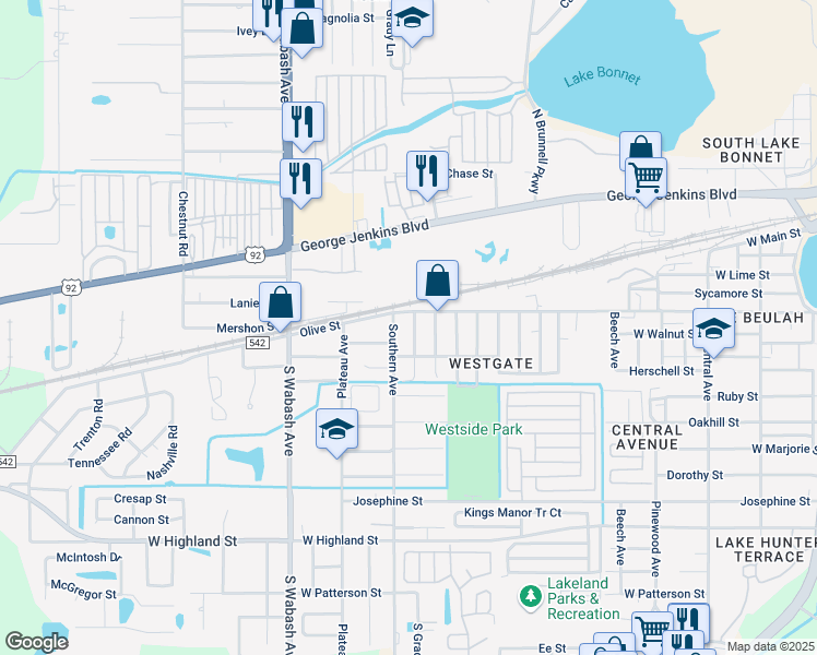 map of restaurants, bars, coffee shops, grocery stores, and more near 459 South Grady Avenue in Lakeland