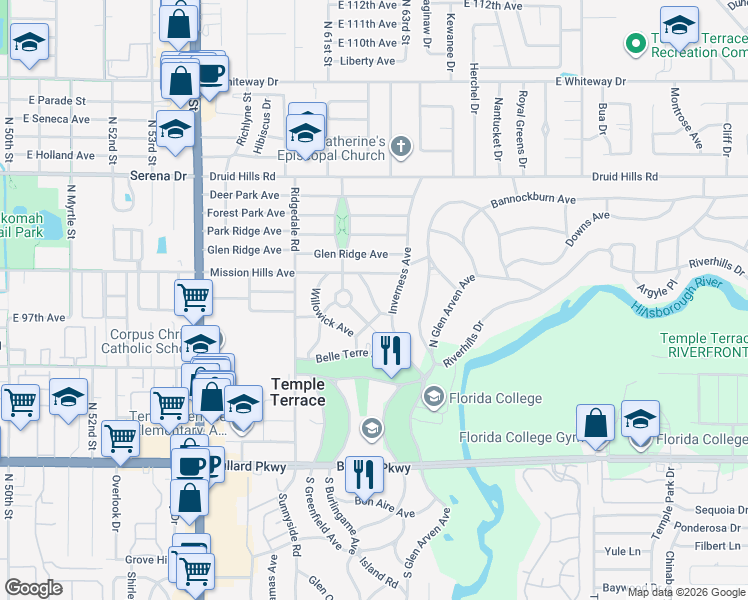 map of restaurants, bars, coffee shops, grocery stores, and more near 207 Woodbine Avenue in Temple Terrace