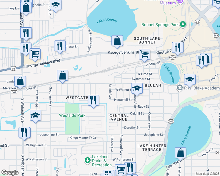 map of restaurants, bars, coffee shops, grocery stores, and more near 1410 Olive Street in Lakeland