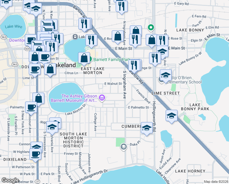 map of restaurants, bars, coffee shops, grocery stores, and more near 510 McKay Court in Lakeland