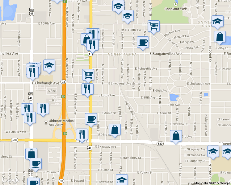 map of restaurants, bars, coffee shops, grocery stores, and more near 9820 North 12th Street in Tampa