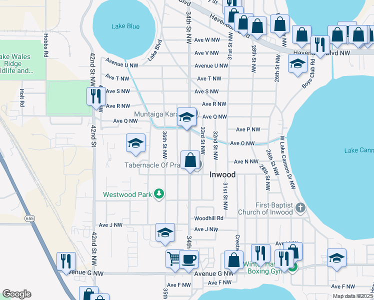 map of restaurants, bars, coffee shops, grocery stores, and more near 1439 34th Street Northwest in Winter Haven