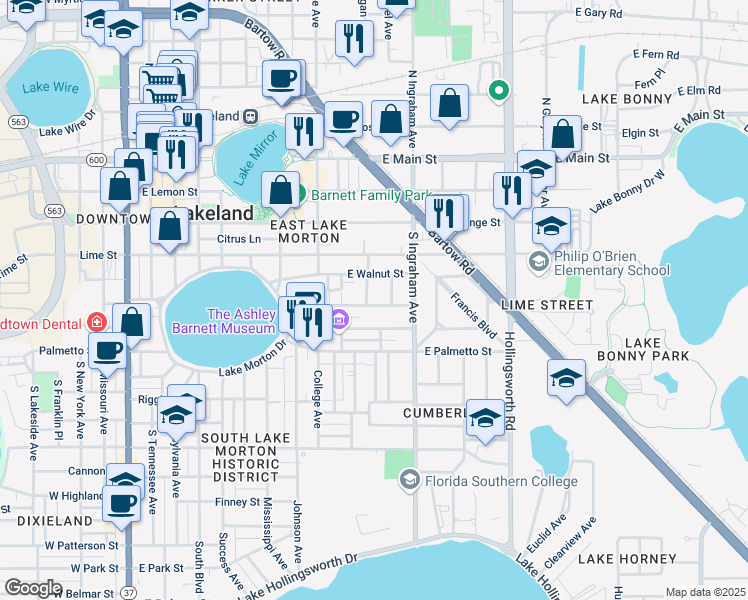 map of restaurants, bars, coffee shops, grocery stores, and more near 510 McKay Court in Lakeland