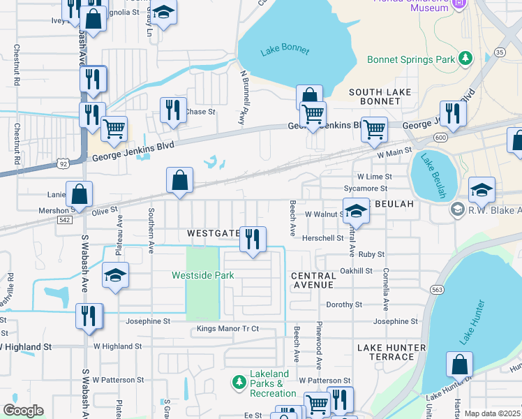 map of restaurants, bars, coffee shops, grocery stores, and more near 1604 Oregon Avenue in Lakeland