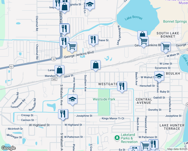 map of restaurants, bars, coffee shops, grocery stores, and more near 1817 Olive Street in Lakeland