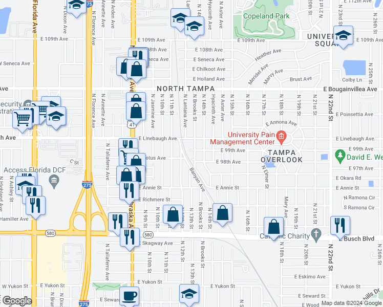 map of restaurants, bars, coffee shops, grocery stores, and more near 1209 East Linebaugh Avenue in Tampa