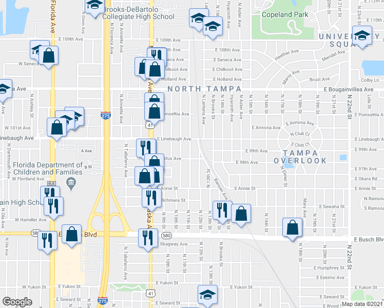 map of restaurants, bars, coffee shops, grocery stores, and more near 9820 North 12th Street in Tampa