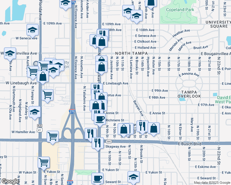 map of restaurants, bars, coffee shops, grocery stores, and more near 9814 North 10th Street in Tampa