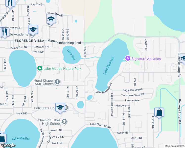 map of restaurants, bars, coffee shops, grocery stores, and more near 1200 Tangerine Parkway Northeast in Winter Haven