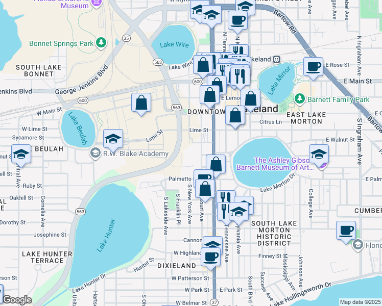 map of restaurants, bars, coffee shops, grocery stores, and more near Olive Street in Lakeland