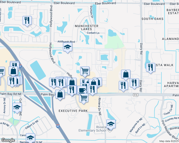 map of restaurants, bars, coffee shops, grocery stores, and more near 1055 Potenza Drive in West Melbourne
