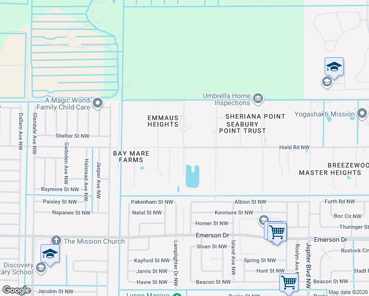 map of restaurants, bars, coffee shops, grocery stores, and more near 4236 Hield Road Northwest in Palm Bay