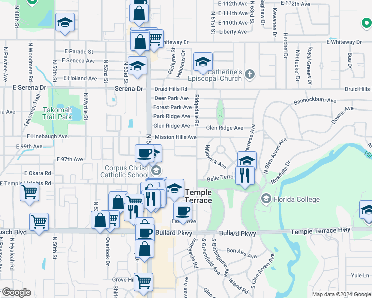 map of restaurants, bars, coffee shops, grocery stores, and more near 207 Redwood Avenue in Temple Terrace