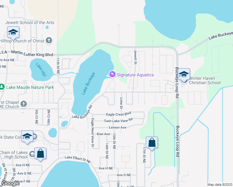 map of restaurants, bars, coffee shops, grocery stores, and more near 60 Buckeye Circle Northeast in Winter Haven
