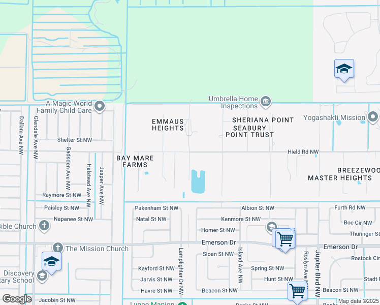 map of restaurants, bars, coffee shops, grocery stores, and more near 4236 Hield Road Northwest in Palm Bay