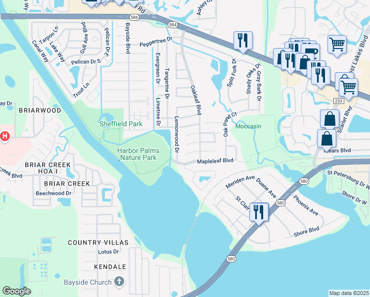 map of restaurants, bars, coffee shops, grocery stores, and more near 709 Lemonwood Drive in Oldsmar