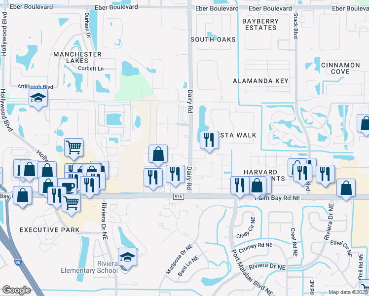 map of restaurants, bars, coffee shops, grocery stores, and more near 4800 Dairy Road in Melbourne
