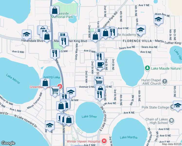 map of restaurants, bars, coffee shops, grocery stores, and more near 1708 2nd Street Northeast in Winter Haven