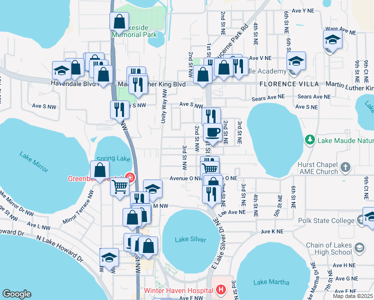 map of restaurants, bars, coffee shops, grocery stores, and more near 1709 3rd Street Northwest in Winter Haven
