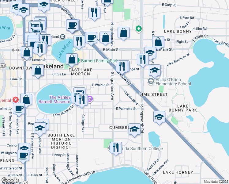 map of restaurants, bars, coffee shops, grocery stores, and more near 509 South Ingraham Avenue in Lakeland
