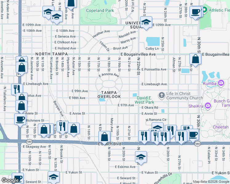 map of restaurants, bars, coffee shops, grocery stores, and more near 1804 South Club Court in Tampa