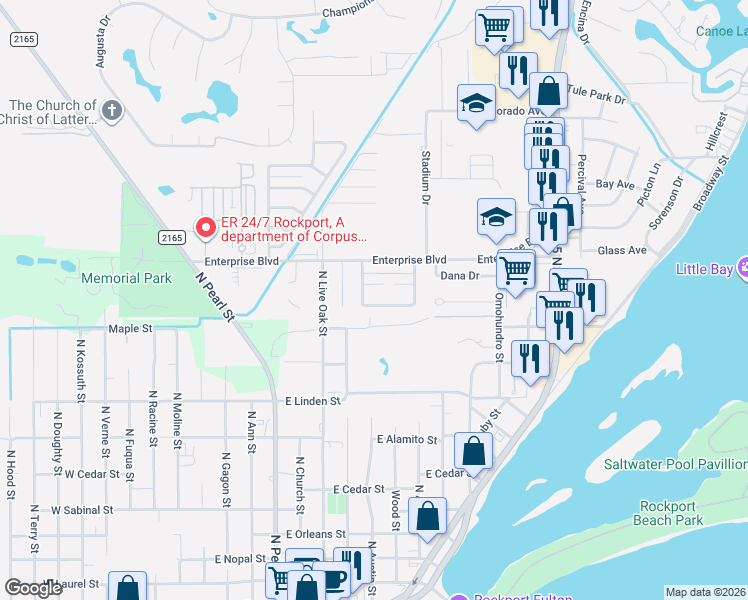 map of restaurants, bars, coffee shops, grocery stores, and more near 1109 West Tern Lane in Rockport