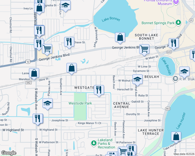 map of restaurants, bars, coffee shops, grocery stores, and more near 450 Montana Avenue in Lakeland