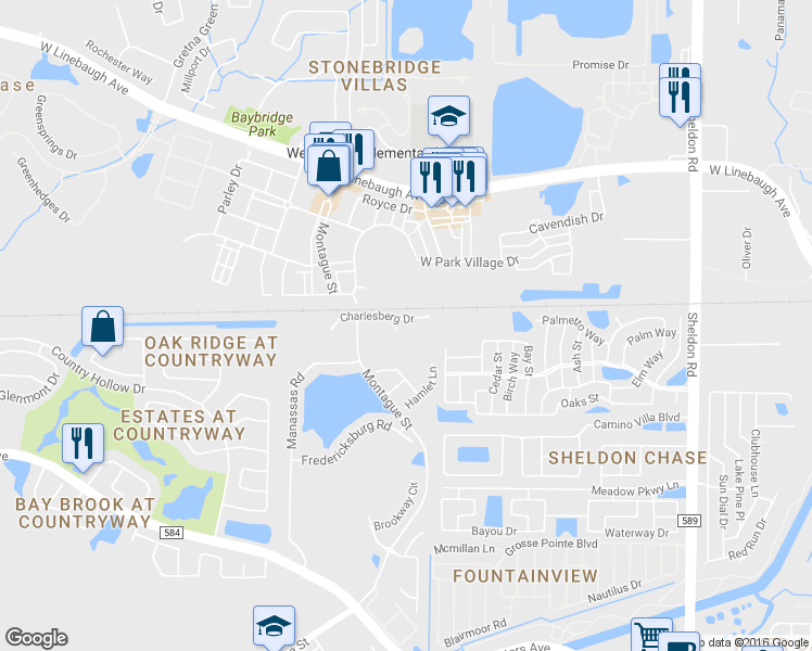 map of restaurants, bars, coffee shops, grocery stores, and more near 9452 Charlesberg Drive in Tampa