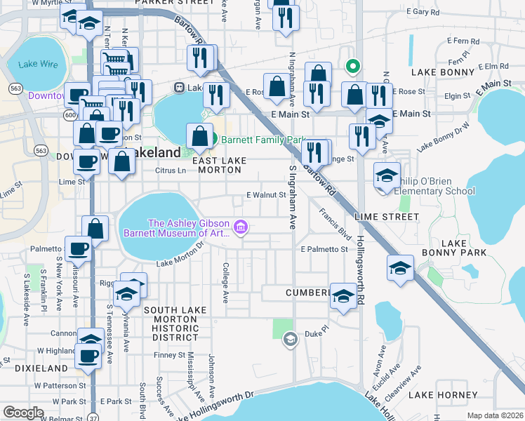 map of restaurants, bars, coffee shops, grocery stores, and more near 528 McKay Court in Lakeland