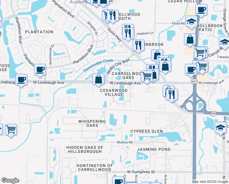 map of restaurants, bars, coffee shops, grocery stores, and more near 4414 Timber Terrace Circle in Tampa