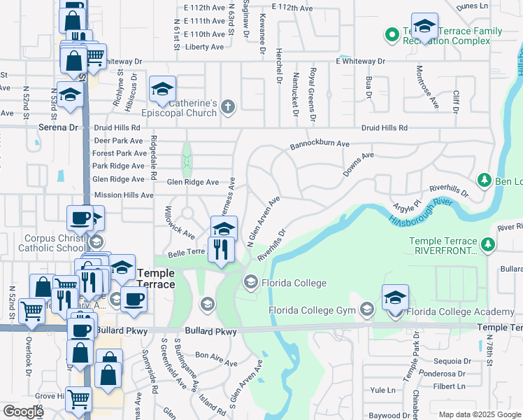 map of restaurants, bars, coffee shops, grocery stores, and more near 305 Ben Avon Drive in Tampa