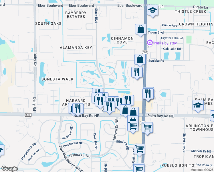 map of restaurants, bars, coffee shops, grocery stores, and more near 4775 Lake Waterford Way in Melbourne
