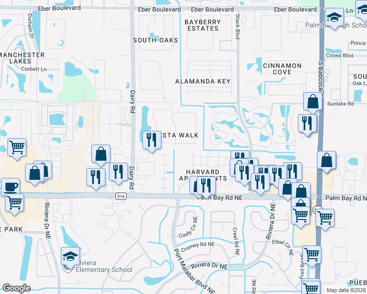 map of restaurants, bars, coffee shops, grocery stores, and more near 990 Luminary Circle in Melbourne