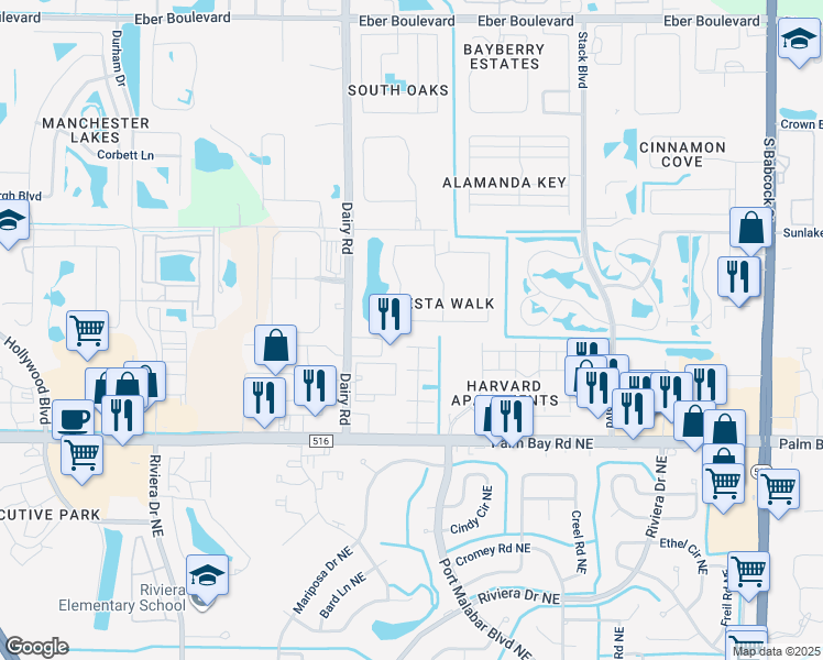 map of restaurants, bars, coffee shops, grocery stores, and more near 1075 Luminary Circle in Melbourne