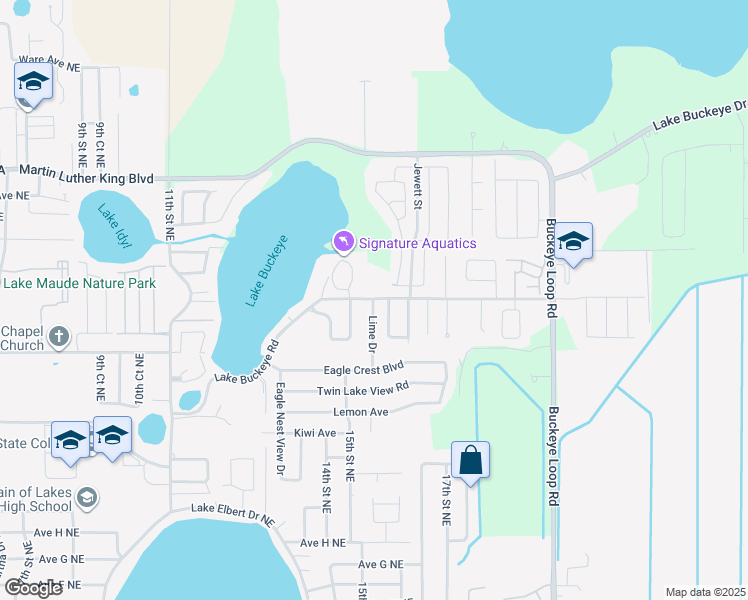 map of restaurants, bars, coffee shops, grocery stores, and more near 60 Buckeye Circle Northeast in Winter Haven