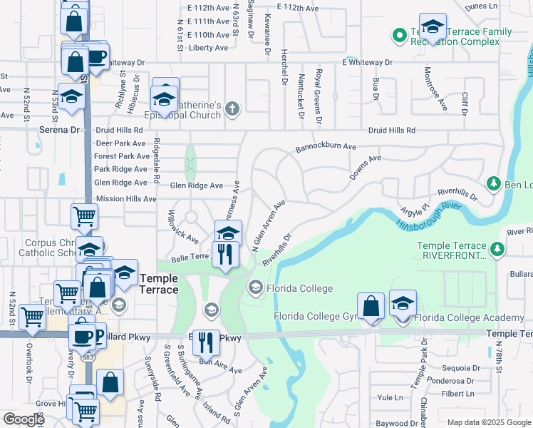 map of restaurants, bars, coffee shops, grocery stores, and more near 305 Ben Avon Drive in Tampa