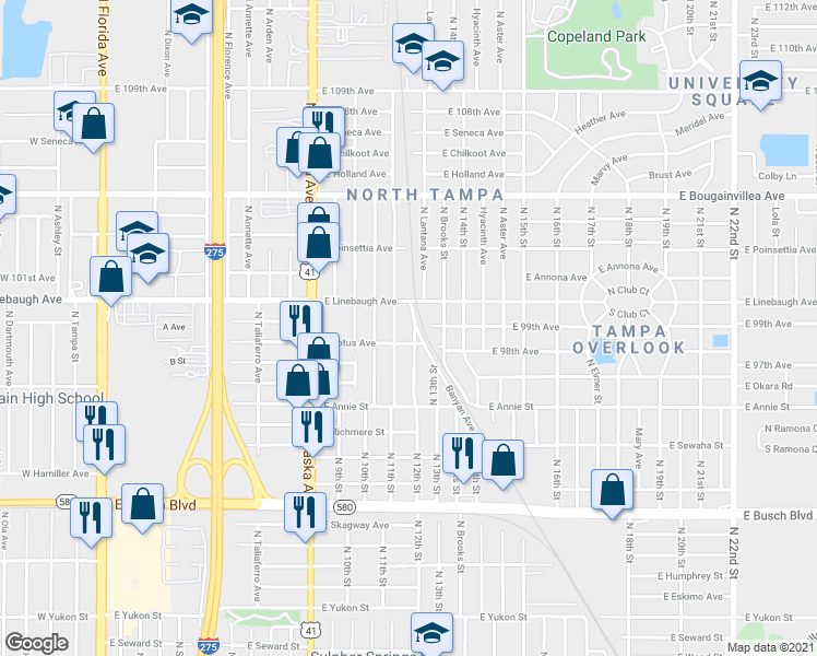 map of restaurants, bars, coffee shops, grocery stores, and more near 9820 North 12th Street in Tampa