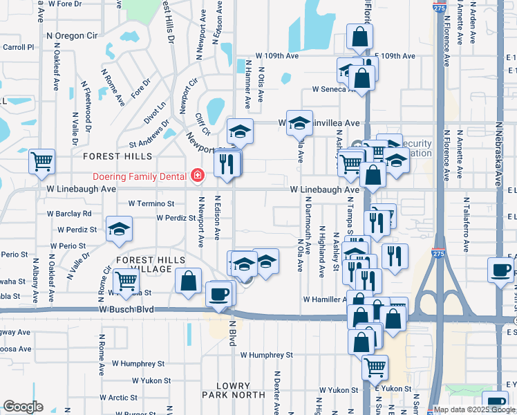 map of restaurants, bars, coffee shops, grocery stores, and more near 9710 Hidden Oaks Circle in Tampa