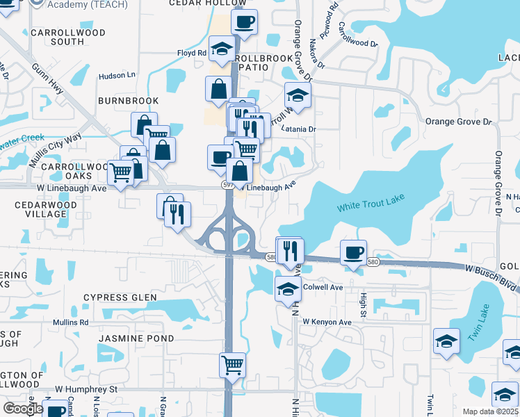 map of restaurants, bars, coffee shops, grocery stores, and more near 3709 Greenery Court in Tampa