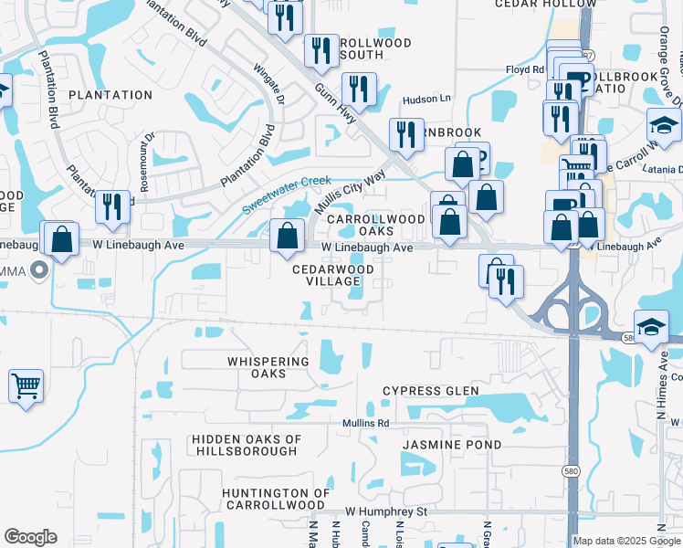 map of restaurants, bars, coffee shops, grocery stores, and more near 4414 Timber Terrace Circle in Tampa